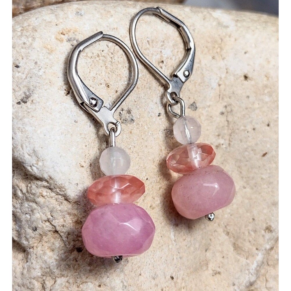 Pink Cherry Quartz Facet Stone Dangle Earrings
